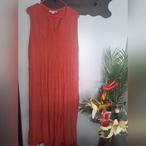 Coldwater Creek Sz L Salmon Pink Orange Rayon Pintucked 53" L Swing Dress Gauze